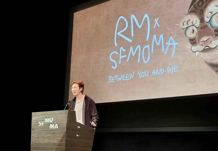 RM of BTS speaks at a preview of "RM x SFMOMA: Between You and Me" at the San Francisco Museum of Modern Art, Tuesday. (Yonhap)