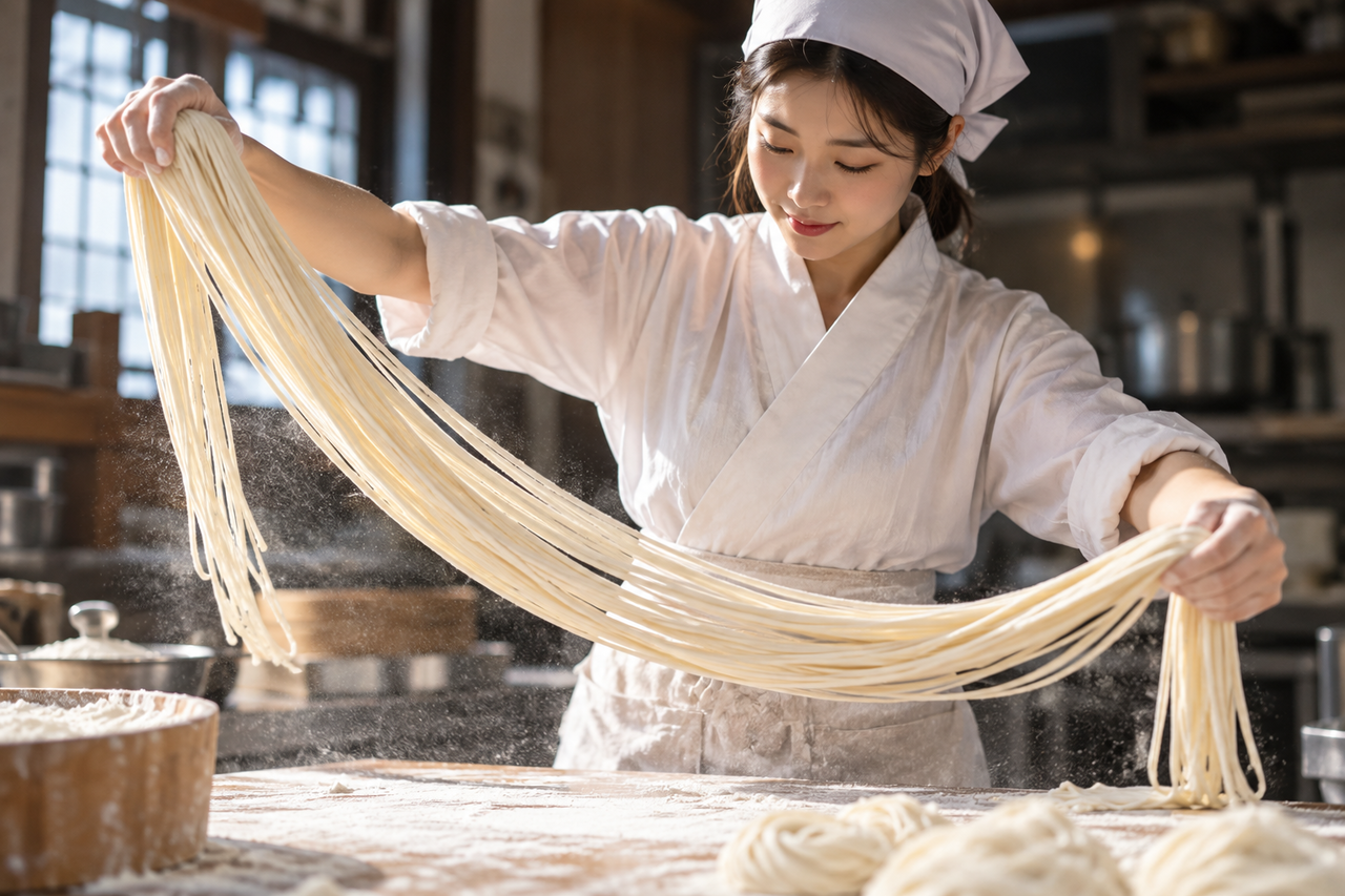 수타면 뽑는 모습.[AI 생성 이미지]