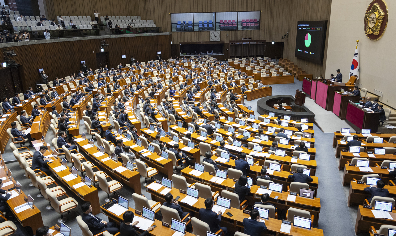 The amended Occupational Safety and Health Act passes a plenary vote at the National Assembly on Thursday. [Yonhap]