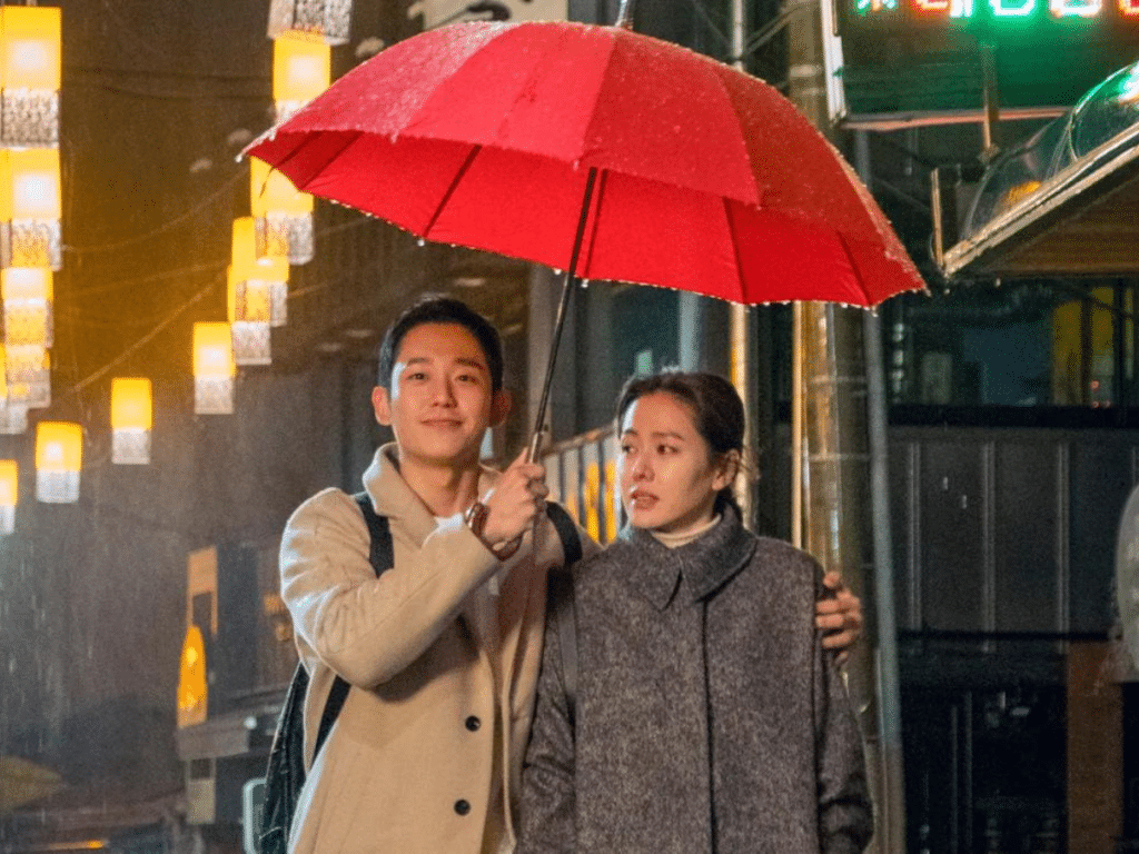 Jung Hae-in (left) and Son Ye-jin appear in a poster for the 2018 JTBC drama “Something in the Rain,” centering on a romance between a woman six years older than her boyfriend.  The drama's Korean title roughly translates as “pretty noona who buys me food." (JTBC)