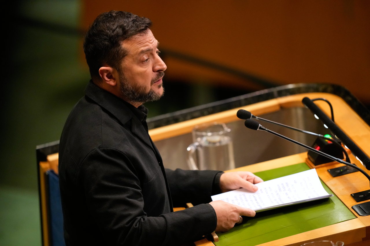 Ukraine's President Volodymyr Zelenskyy speaks during the 81st session of the United Nations General Assembly at the United Nations headquarters in New York on Sept. 23. (AP via Yonhap)