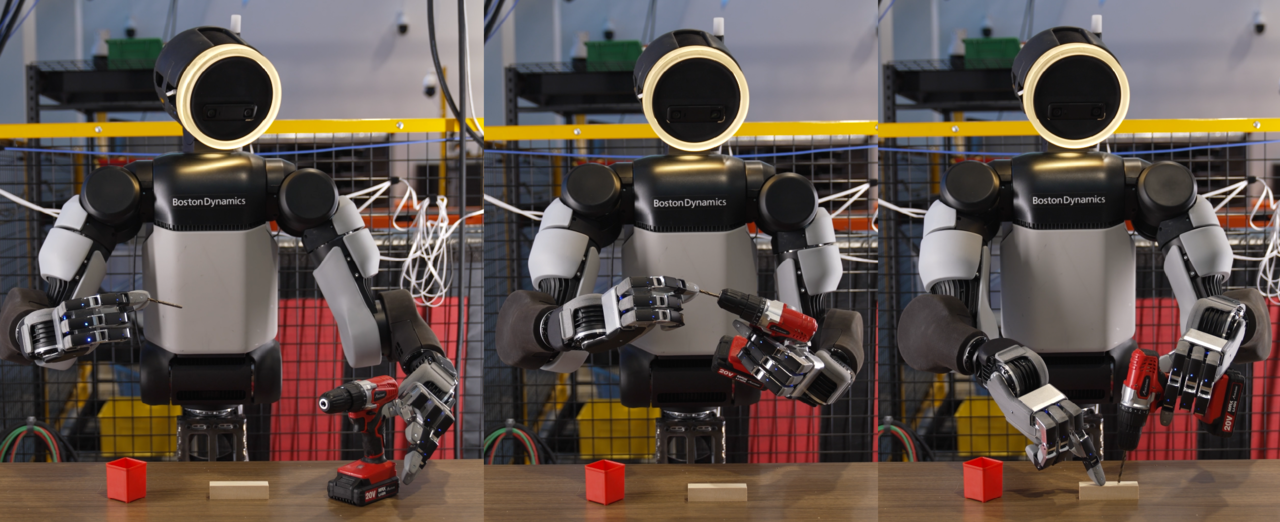 Boston Dynamics’ Atlas humanoid robot uses its four-finger hand to manipulate a power drill in a demonstration. (Boston Dynamics)