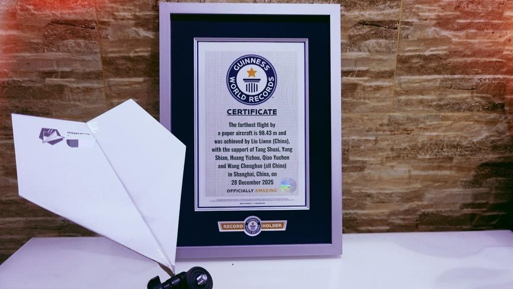"Research," the Guinness World Record holder for the farthest flight by a paper aircraft. The plane flew 98.43 meters at an indoor sports facility in Shanghai, China, in December last year, setting a new world record. [Guinness World Records]