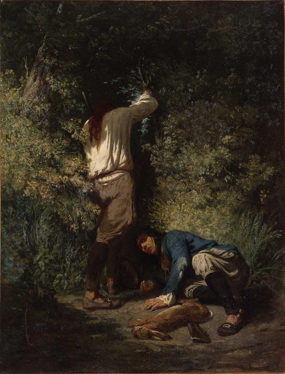 에바레스트 비탈 뤼미네, 사냥에서의 귀환, 1861, 캔버스에 유채, 117x90cm, 캥페르 미술관 [Google Arts & Culture, Public Domain, commons.wikimedia.org]
두 남자가 매복하고 있다. 이들은 프랑스 혁명기 왕당파 계열 반란군들의 특징인 긴 머리카락을 갖고 있다. 노리는 사냥감이 새나 토끼인지, 공화국 군대인지 모호하다. 이 그림 또한 이런 식이었다.