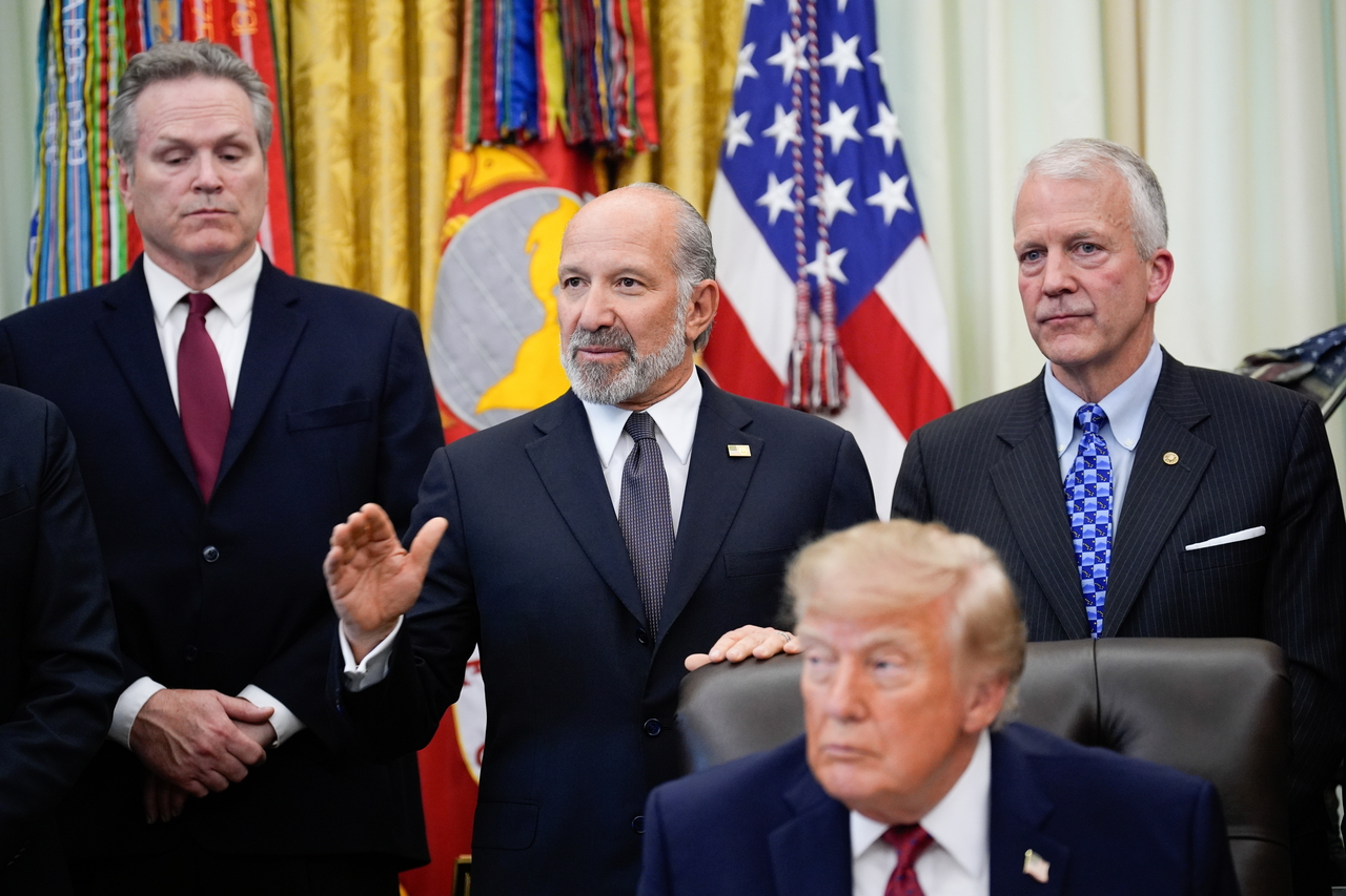 Alaska Governor Mike Dunleavy (back left), Commerce Secretary Howard Lutnick and Energy Secretary Chris Wright attend as US President Donald Trump speaks in the Oval Office at the White House in Washington on Wednesday (local time). [EPA]