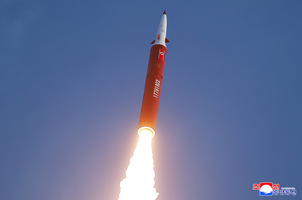 North Korea conducted an intermediate-range strategic missile launch drill from its eastern region toward the Donghae on Saturday, with leader Kim Jong-un in attendance, KCNA reported Sunday. [Yonhap]