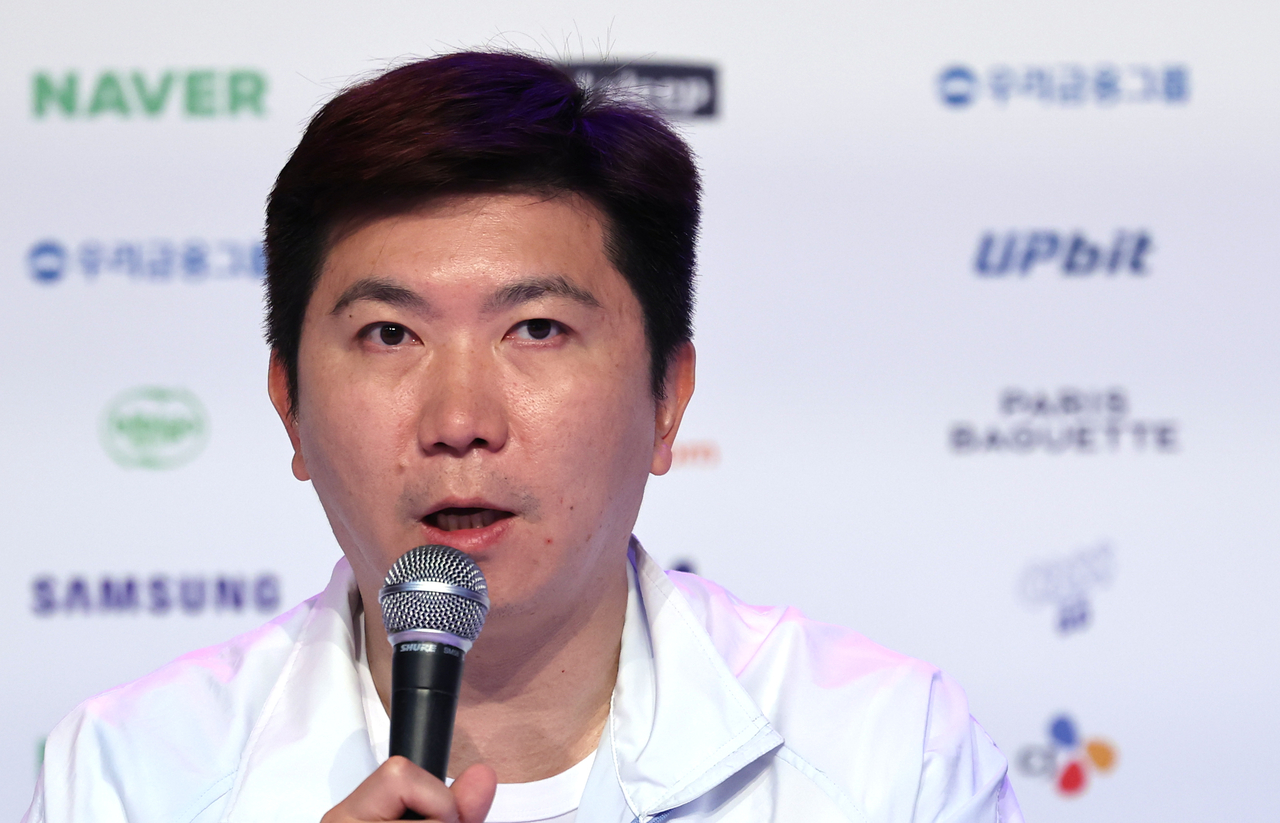 Korean Sport & Olympic Committee President Yoo Seung-min speaks at a press conference wrapping up South Korea's performance at the 2026 Aichi-Nagoya Asian Games, held Sunday at Korea House in Nagoya, Japan. [Yonhap]