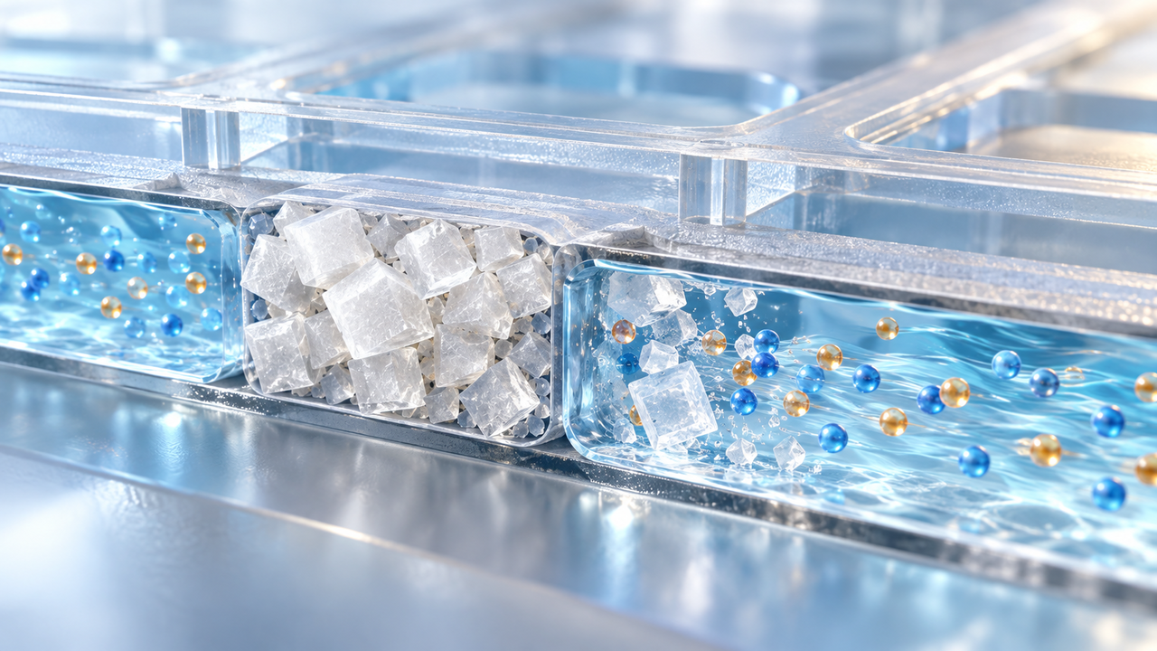 An AI-generated illustration showing how salt crystals block ion movement inside a nanometer-scale channel to cut off current flow. [Provided by UNIST]