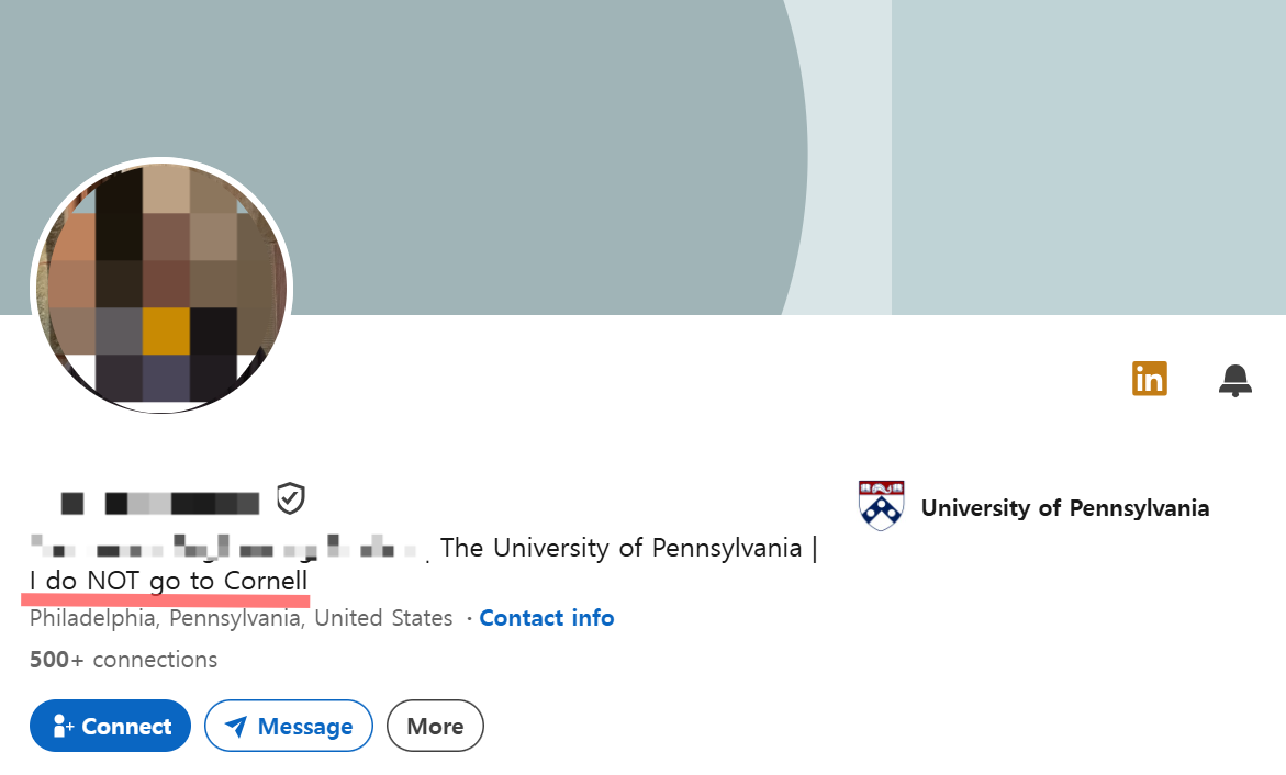 The LinkedIn profile of a Chinese American student surnamed Lee at the University of Pennsylvania reads "I do NOT go to Cornell" after he was mistaken for the Korean defendant in the Cornell case. (LinkedIn)