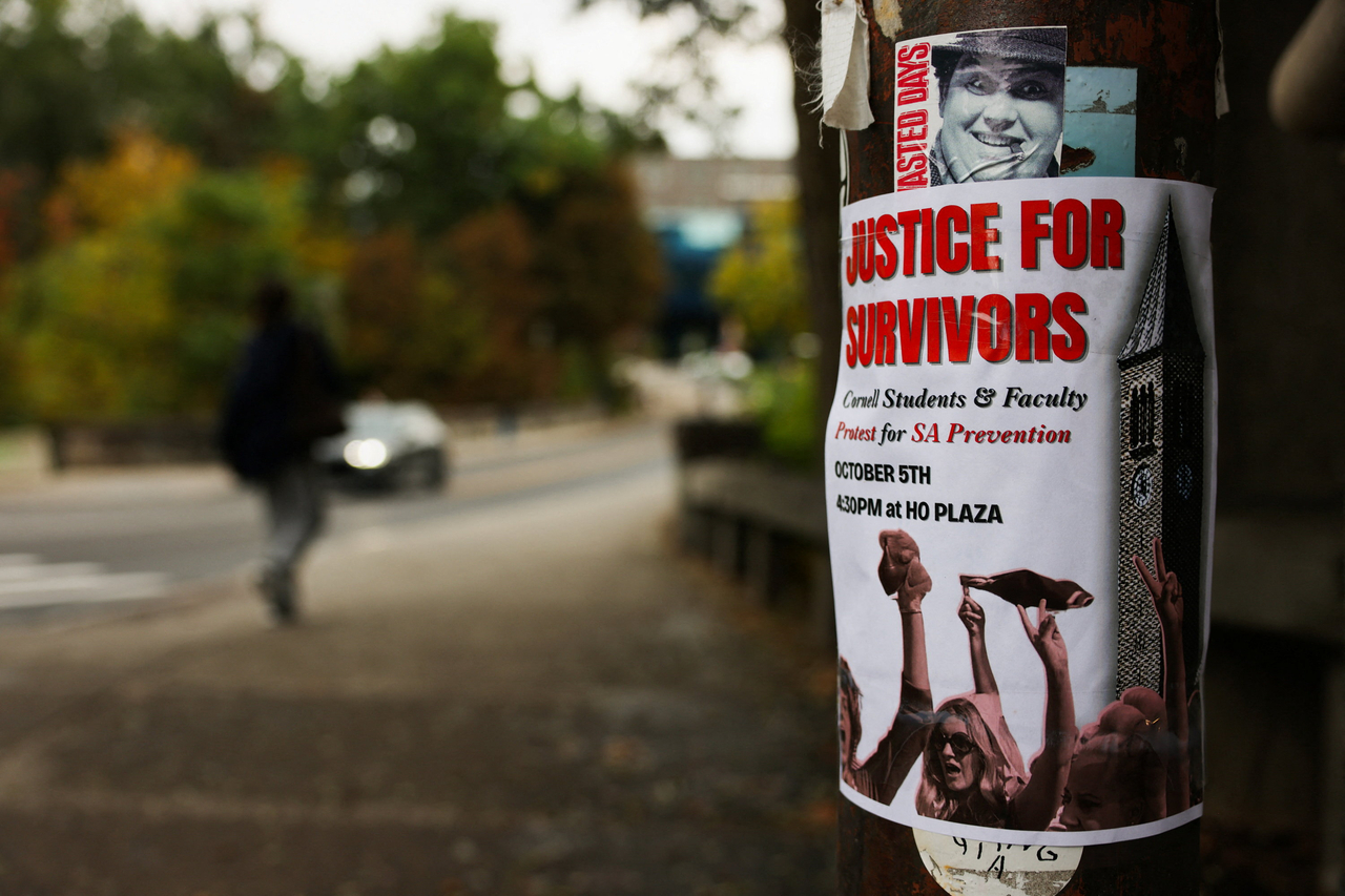 A flyer advertising an upcoming protest for sexual assault prevention is posted at Cornell University amid the Chi Phi Lawsuit, in Ithaca, New York, Thursday. (Reuters)