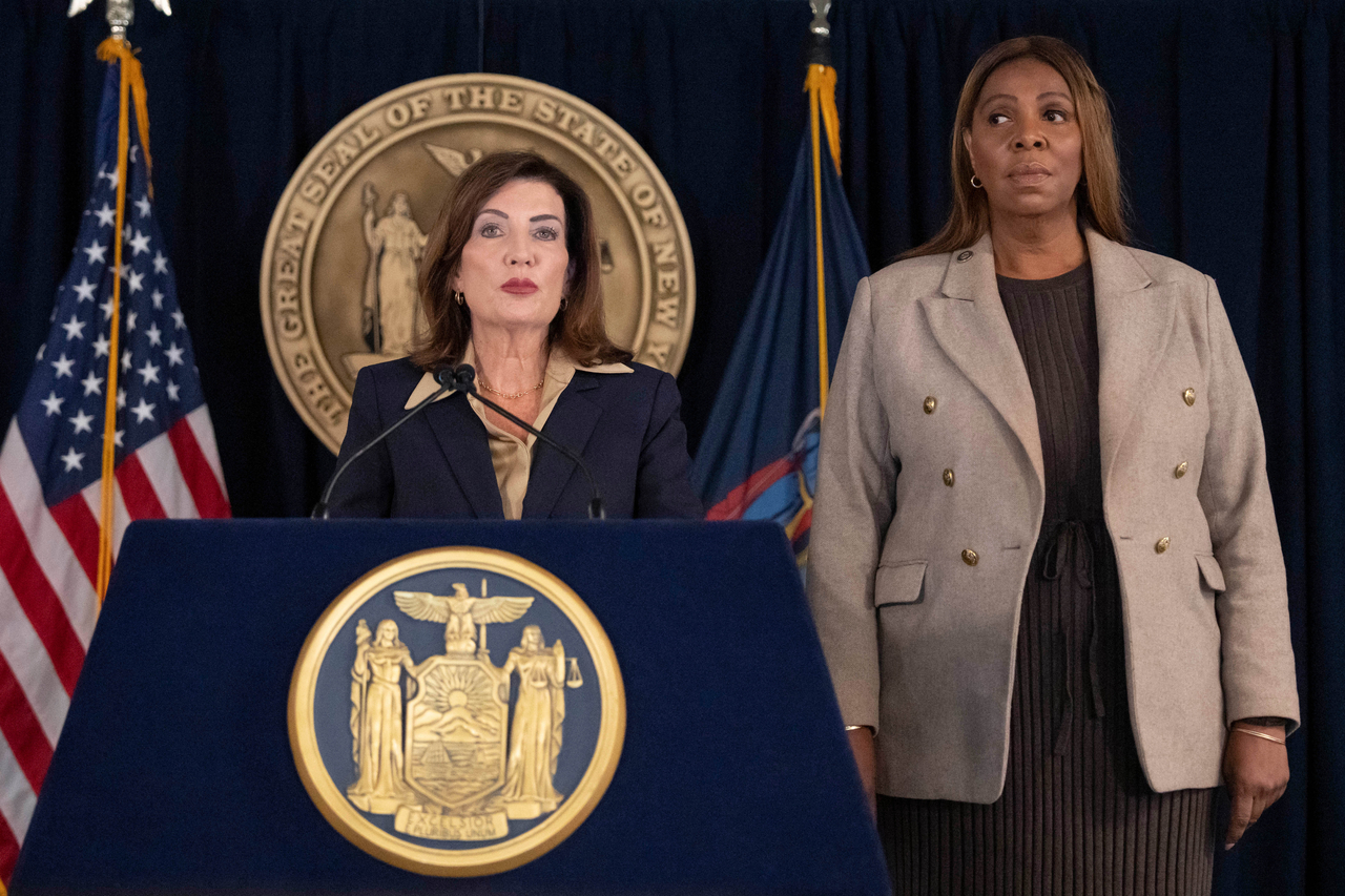 New York Gov. Kathy Hochul speaks during a news conference with New York Attorney General Letitia James, Friday, in New York. (AP)