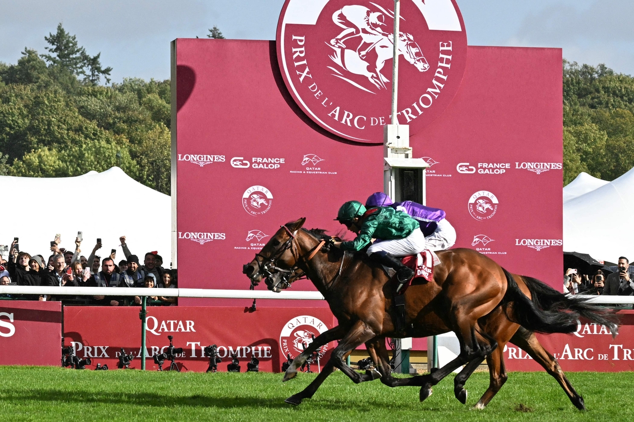 French jockey Mickael Barzalona rides Daryz (front) ahead of Belgian jockey Christophe Soumillon riding Minnie Hauk (rear) to win the Qatar Prix de l'Arc de Triomphe, in Paris, Monday.   (AFP-Yonhap)