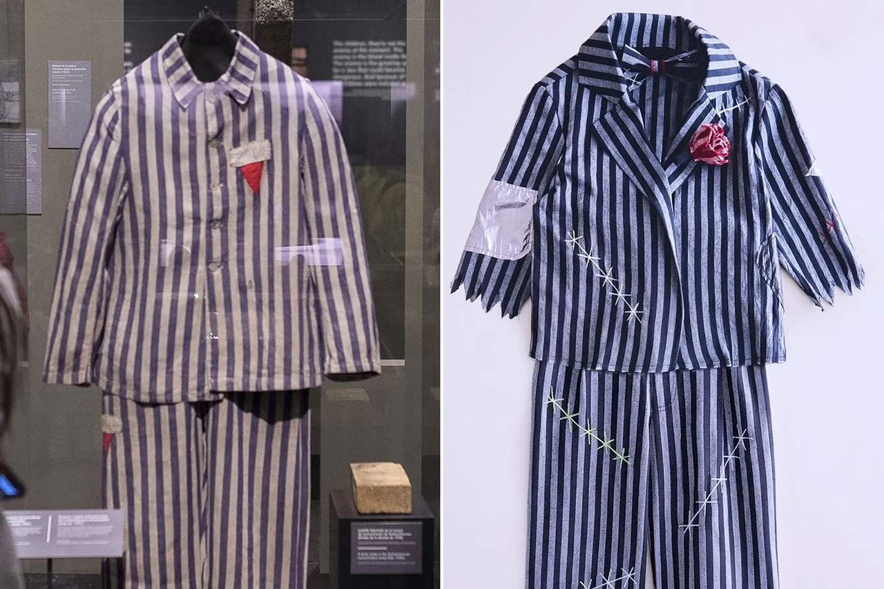 A uniform worn by a political prisoner at Auschwitz (left) and the Kid's Halloween Groom Costume sold by Zara (right) (Jam Press)