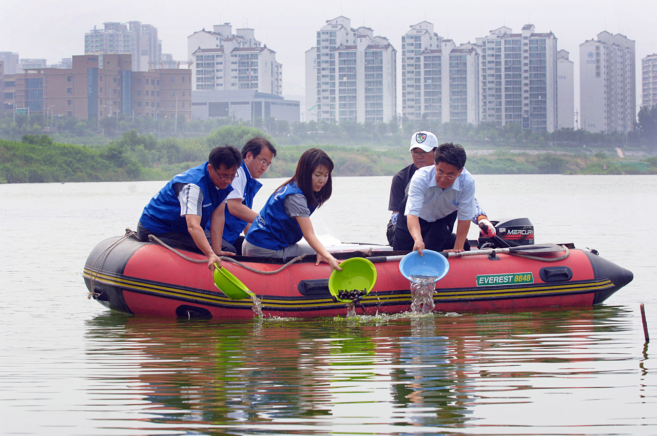 Members of Hyundai Motor's Ulsan factory environmental team and the Taehwa River Conservation Society release juvenile Dongnam mitten crabs and Korean rose bitterlings into the lower reaches of the Taehwa River in Ulsan. [Hyundai Motor]