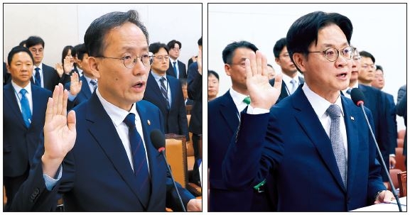 이형일(왼쪽) 부총리 겸 재정경제부 장관과 김정관 산업통상부 장관이 6일 국회에서 열린 국정감사에서 증인선서를 하고 있다.  [연합]