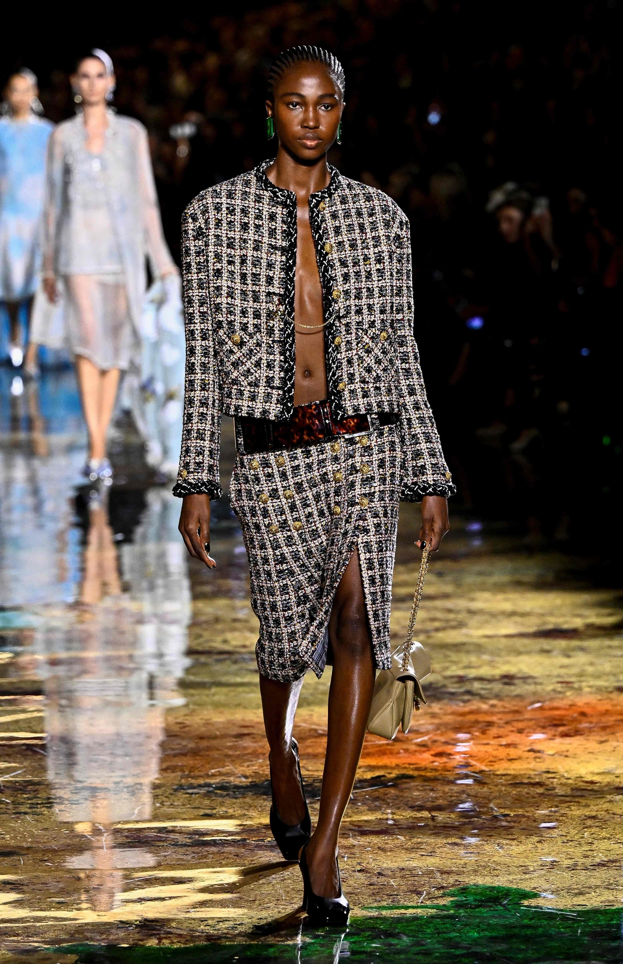 A model presents a creation for Chanel Women's spring-summer 2027 collection fashion show as part of Paris Fashion Week, in Paris on Monday. (AFP)
