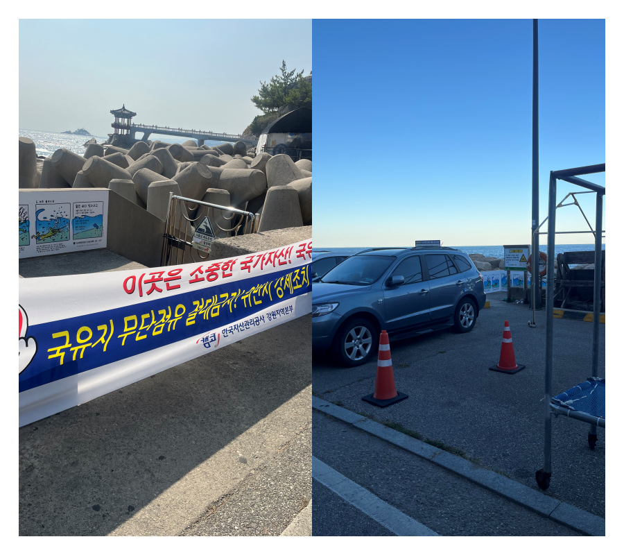 연휴전에 걸린 캠코의 현수막(왼쪽)과 연휴 직전 날( 10월 8일) 잘라져 사라진  현수막.멀리 영금정 정자가 보인다.[박정규 기자]