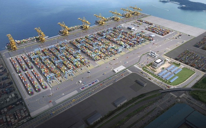 A rendering of the unmanned automated container terminal at Gwangyang port, scheduled to open in 2029.
