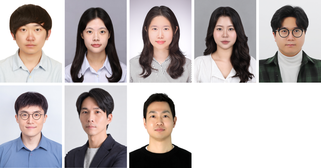 이번 연구를 수행한 공동연구진.  KAIST 박정원(윗줄 왼쪽부터) KAIST 박사, KAIST 김지윤 석사과정생, KAIST 강수민 석사, 한양대학교 오지은 석박통합과정생, UNIST 선우영민 석박통합과정생, (아랫줄 왼쪽부터) KAIST 강기범 교수, 한양대학교 김우희 교수, UNIST 김병조 교수.[KAIST 제공]