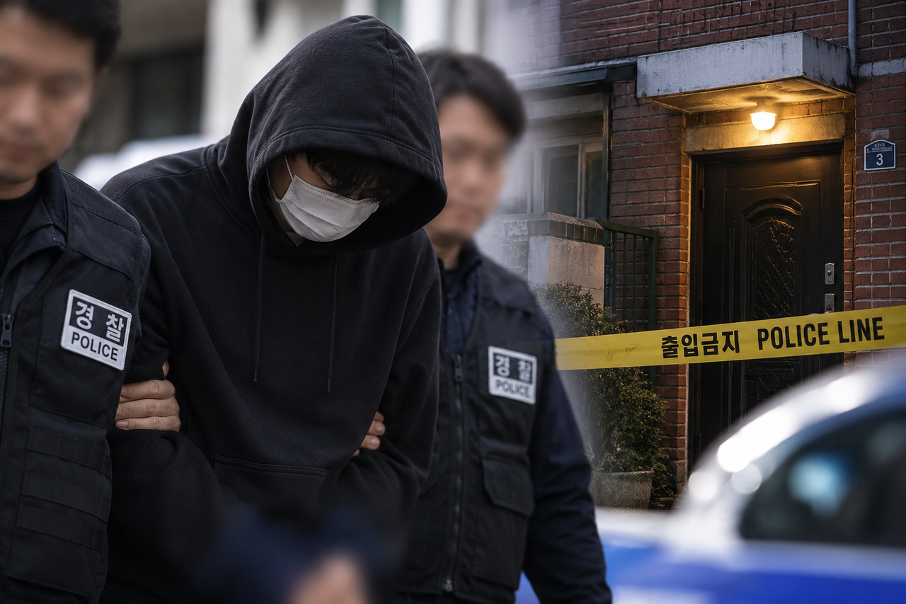 지난 3일 서울 강북구 번동의 한 주택에서 70대 남성을 목 졸라 숨지게 한 20대 피의자가 구속된 모습. [AI로 제작]