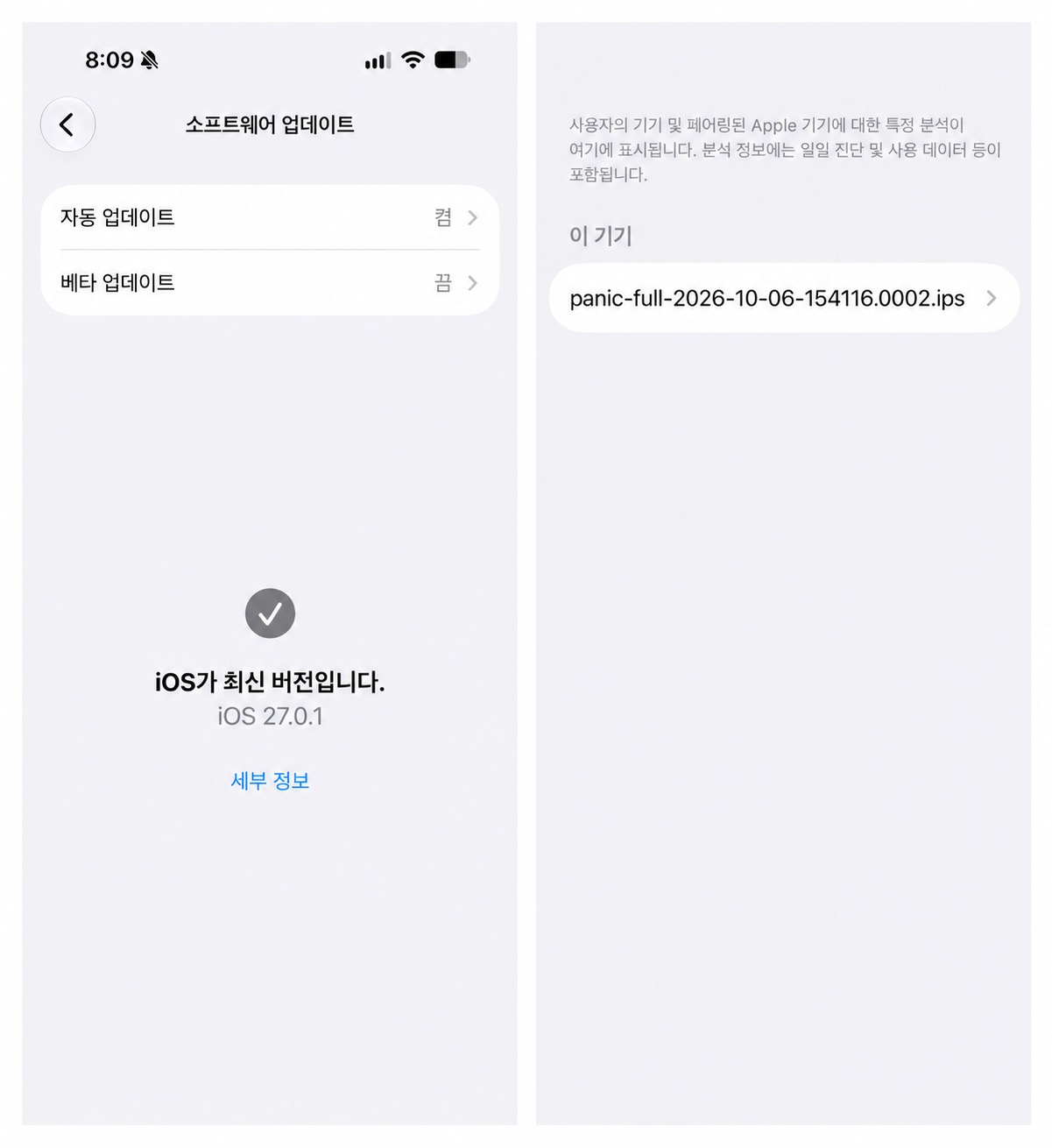 A씨가 헤럴드경제에 제보한 이미지. 새 소프트웨어 iOS 27.0.1를 설치했음에도 패닉풀 현상이 이어지고 있다.  [독자 제공]