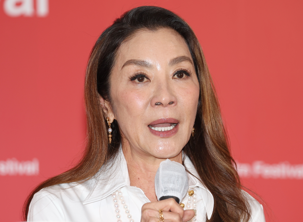 Michelle Yeoh speaks at a press conference for "It's My Time" at Busan Cinema Center in Busan on Wednesday. (Yonhap)