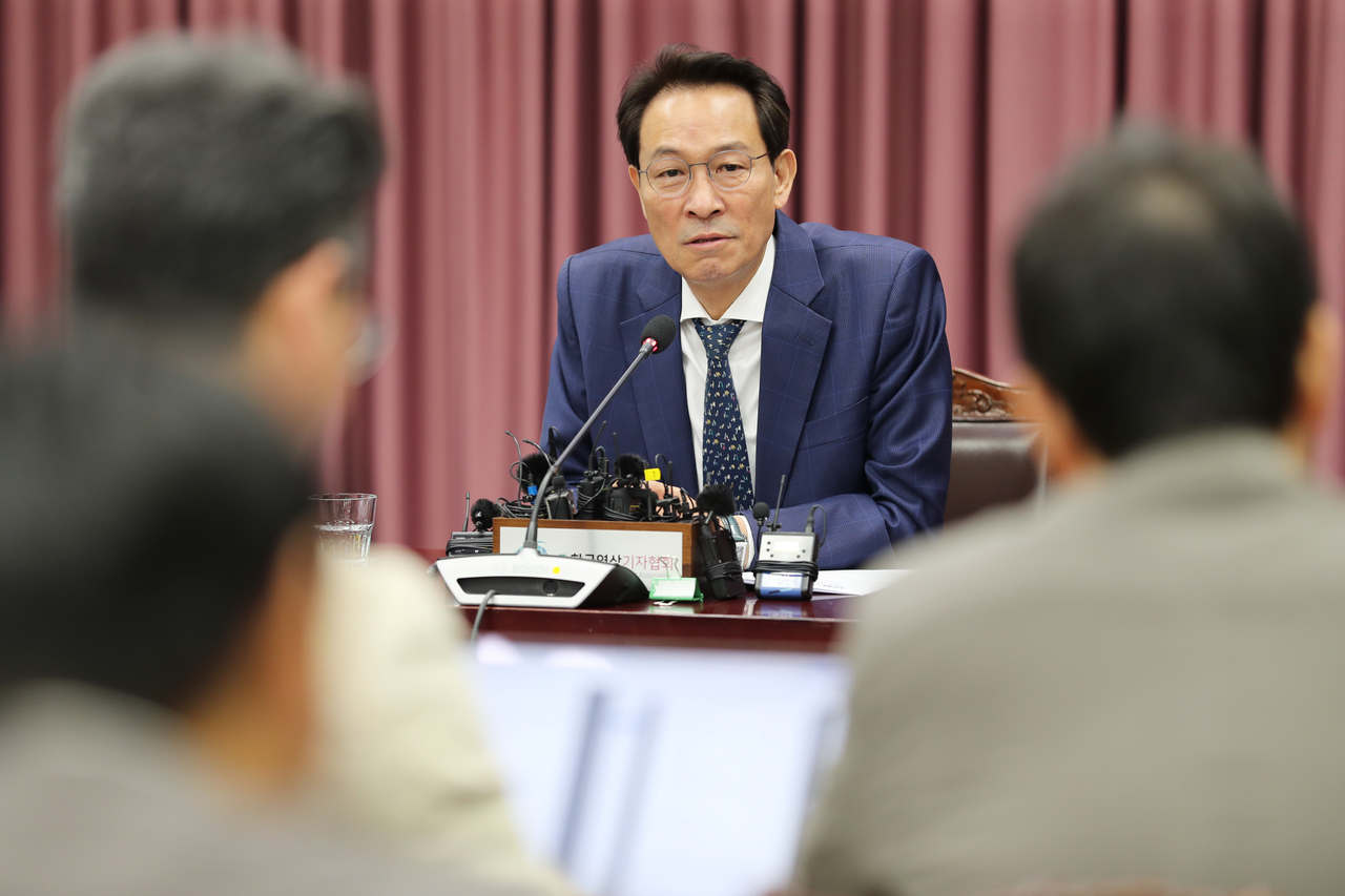 Gangwon Special Self-Governing Province Governor Woo Sang-ho holds a press briefing marking his first 100 days in office.