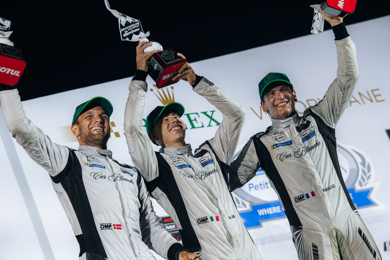 The Aston Martin Vantage GT3 race car, run by Car Blanc under YRB Racing, takes the GTD Pro class victory at the 2026 IMSA WeatherTech SportsCar Championship season finale, the Motul Petit Le Mans, at Road Atlanta in Georgia on Saturday. [Aston Martin]