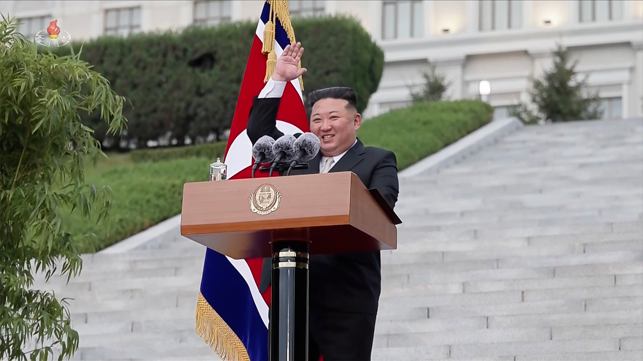 North Korean leader Kim Jong-un delivers a speech during a visit to Kim Il Sung University on Sept. 30, 2026, to mark its 80th anniversary. (KCNA via Yonhap)