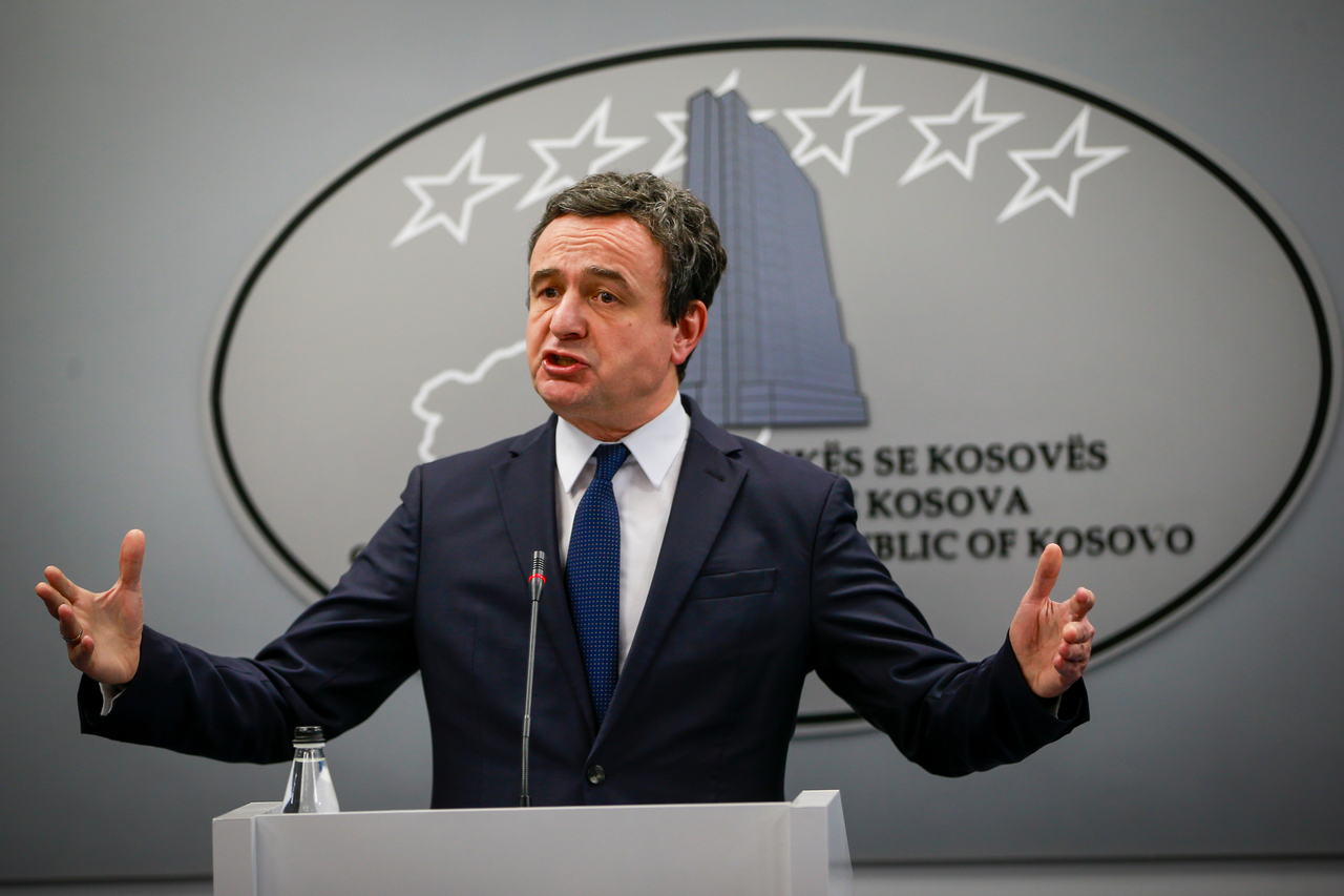 Kosovo's Prime Minister Albin Kurti gestures during a press conference in Pristina, Kosovo, Tuesday. (AP-Yonhap)