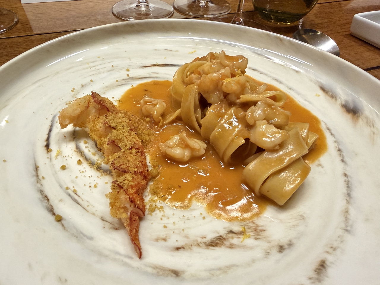 Fettuccine with a ragu of ASC-certified shrimp, MSC-certified lobster and a bisque butter sauce finished with lemon zest (Hong Yoo/The Korea Herald)