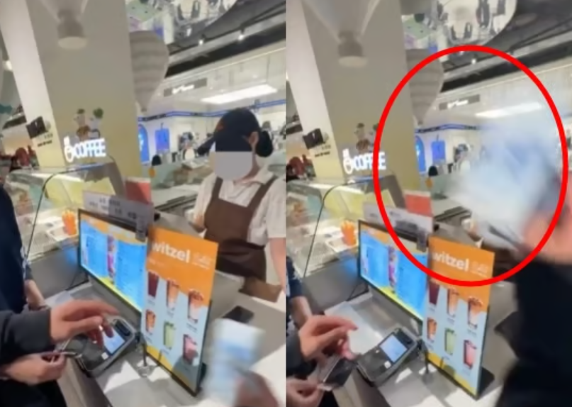 A teenage boy throws 1,000-won bills toward a cafe worker in Namyangju, Gyeonggi Province, in a video circulating online. (Online community)