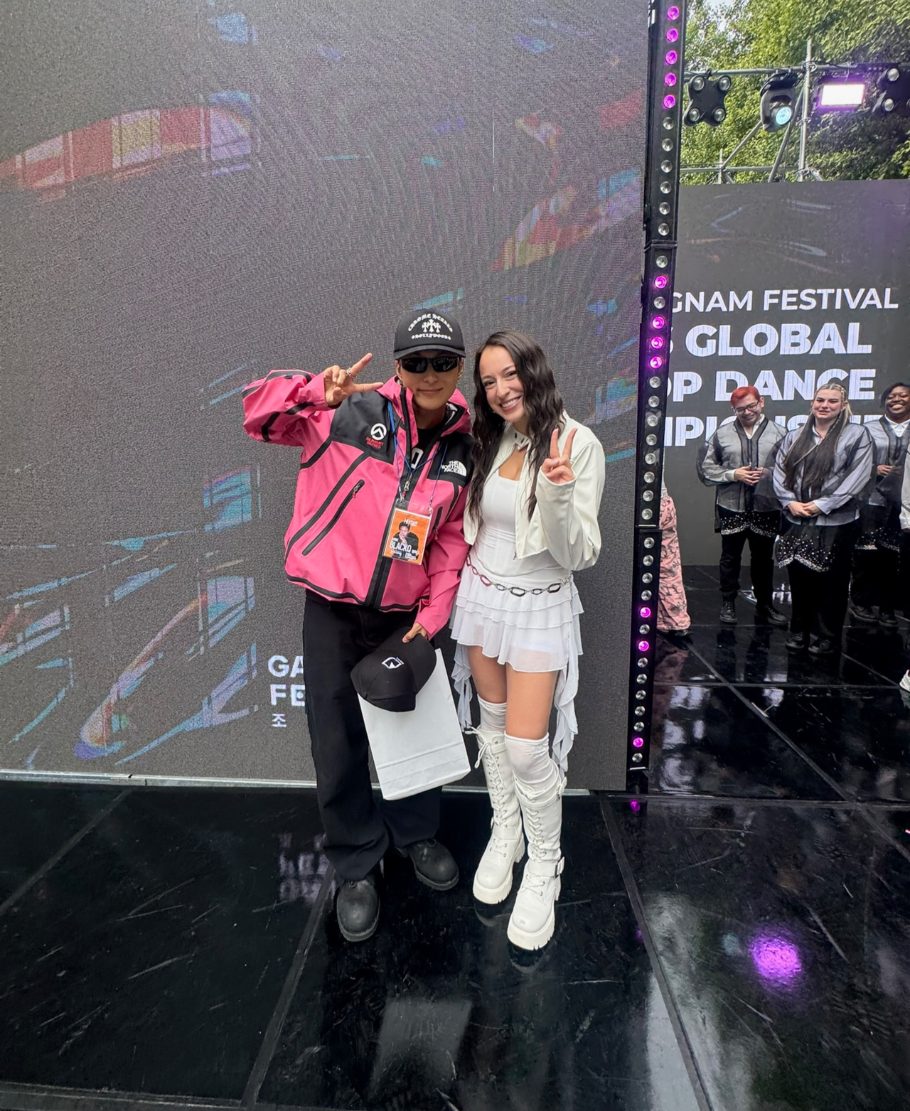 Regina Stieber (right) poses with dancer and choreographer Black Q, one of the judges of the Global K-Pop Cover Dance Championship, after the competition in Gangnam, Seoul, Oct. 3. (Regina Stieber)
