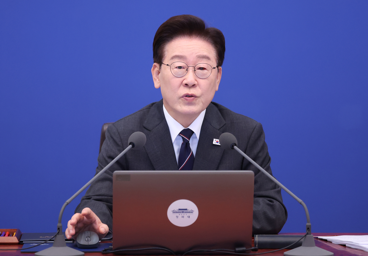President Lee Jae Myung speaks during the Cabinet meeting at the presidential office in Seoul on Tuesday. (Yonhap)
