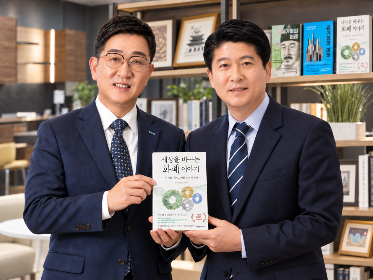 ‘세상을 바꾸는 화폐 이야기’를 집필한 성창훈 한국조폐공사 사장(왼쪽)과 우진구 홍보실장(오른쪽)이 책을 들고 포즈를 취하고 있다. [한국조폐공사 제공 ]