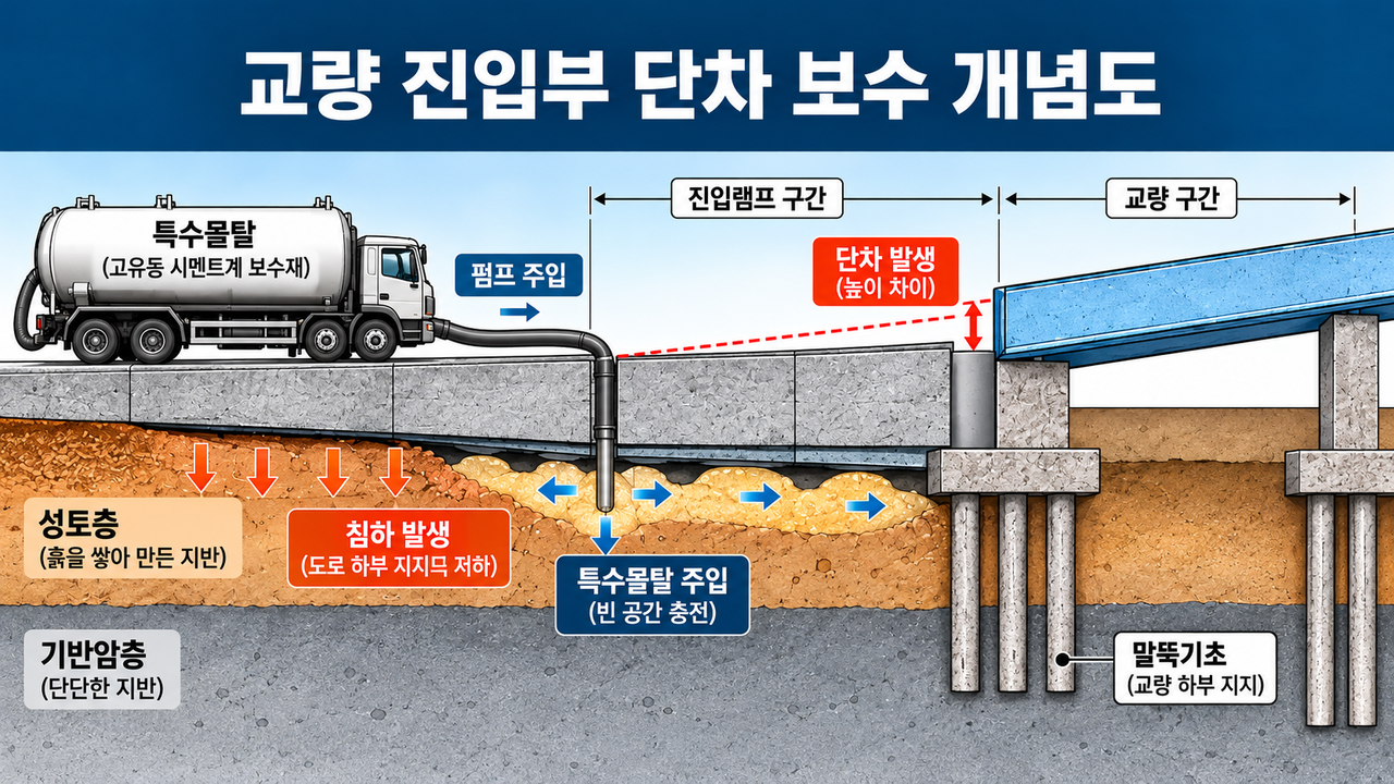 교량 진입부 단차 보수 개념도. 삼표는 자사의 ‘특수몰탈’을 사용해 교량 진입부 지반 침하로 인한 단차를 보수할 수 있다고 8일 밝혔다. [그래픽=챗GPT]