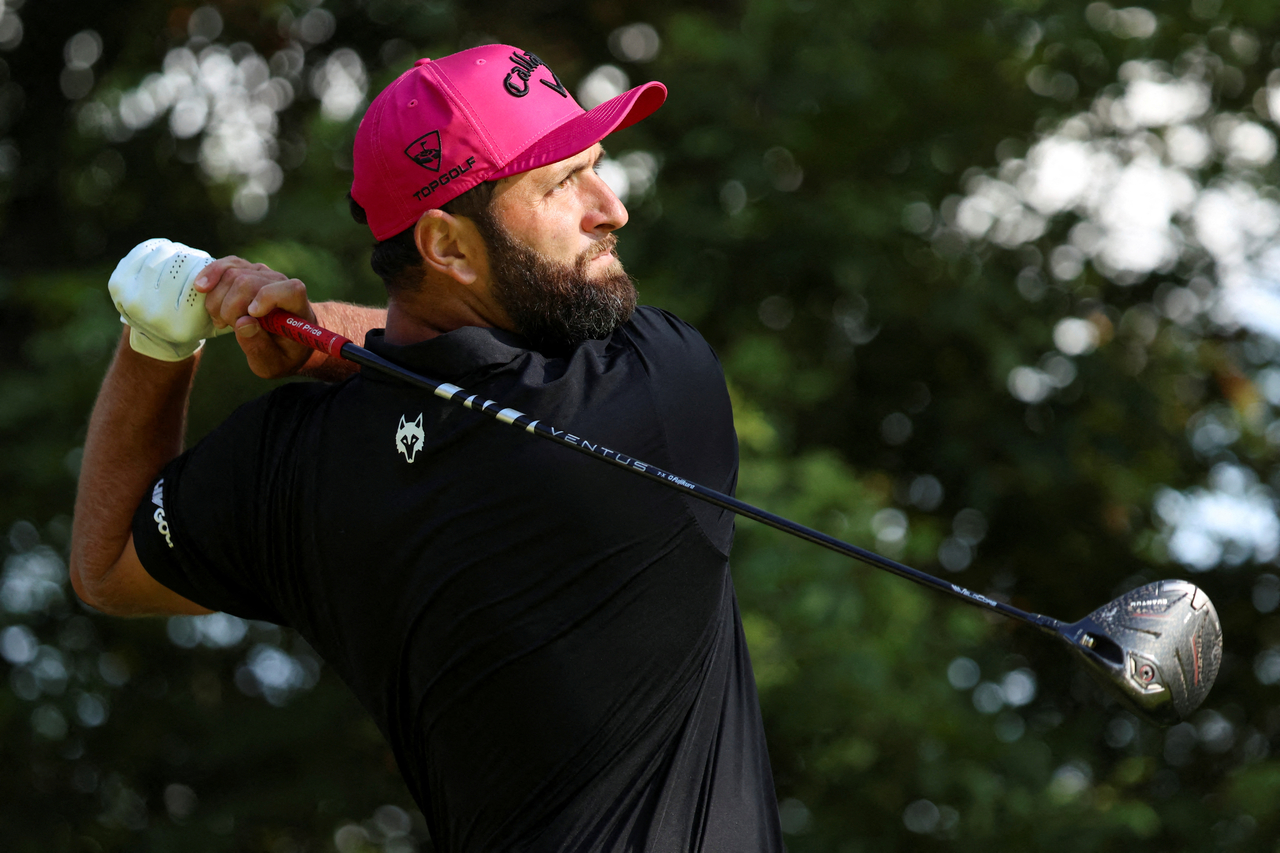 Jon Rahm tees off on the 18th hole during the final round of LIV Golf Indianapolis at The Club at Chatham Hills in Westfield, Indiana, in August. [Imagine Images]