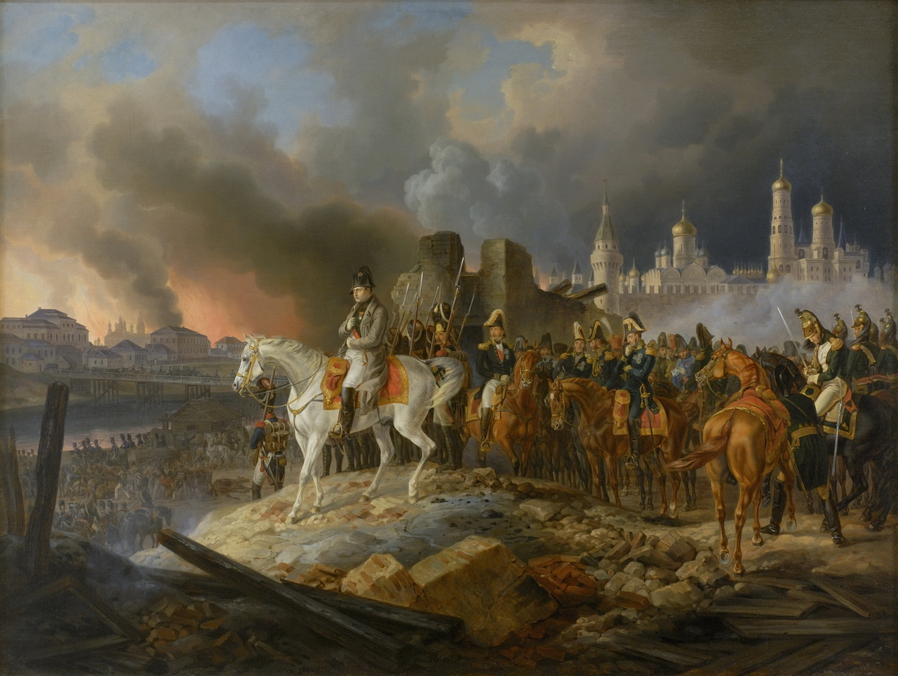 알브레히트 아담, 크렘린궁을 떠나는 나폴레옹 1세, 1840, 캔버스에 유채, 96x128cm, 모스크바 크렘린 박물관 [Public Domain, commons.wikimedia.org]