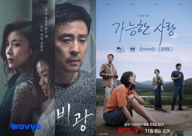 "Portrait of a Family" (left), which arrived on Wavve just 21 days after its theatrical release, and "Possible Love," a Netflix film currently in theaters for an exclusive run [Wavve · Netflix]
