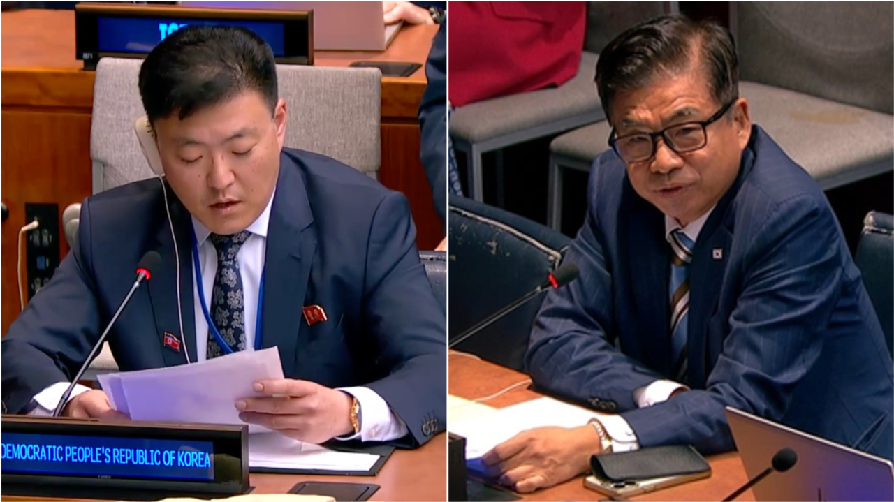South Korean Ambassador to the UN Cha Ji-hoon (right) and a North Korean representative speak during a session of the UN General Assembly First Committee in New York on Thursday, in these separate photos. (Screenshots from UN Web TV)