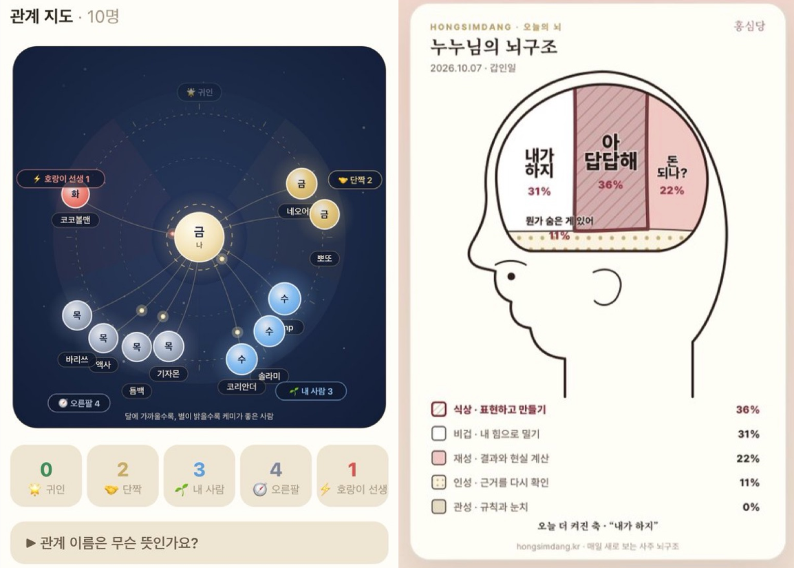 Online saju websites, "Destiny Relation Map" on the left and Hongsimdang's brain structure visualization on the right, show results of saju readings. (Captured from cocoballman and wwjnny1 on X)