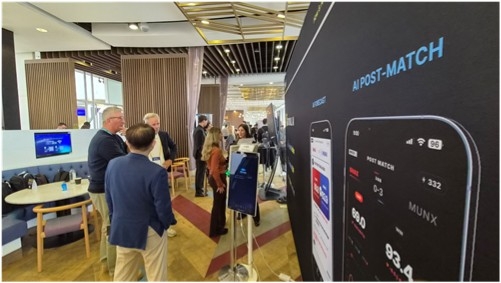 Aimbrode's booth draws attention at SportsPro AI + Tech 2026 in London. [Photo provided by Aimbrode]