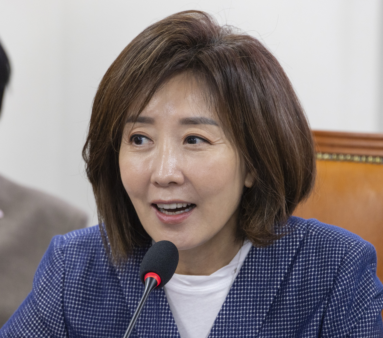 나경원 국민의힘 의원이 지난달 21일 국회 의원회관에서 정점식 원내대표와 동료 의원들이 참석한 가운데 열린 ‘2019년 빠루 사건의 진실’ 준연동형비례제 민의왜곡 부작용과 악법 폐지 긴급토론회에서 ‘빠루 사건’ 당시 국회의 여야 갈등 상황을 설명하고 있다. [연합]