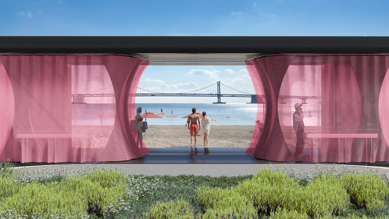 A rendering of  The Balancing Act, a public toilet proposal for Gwangalli in Busan (@OMA)