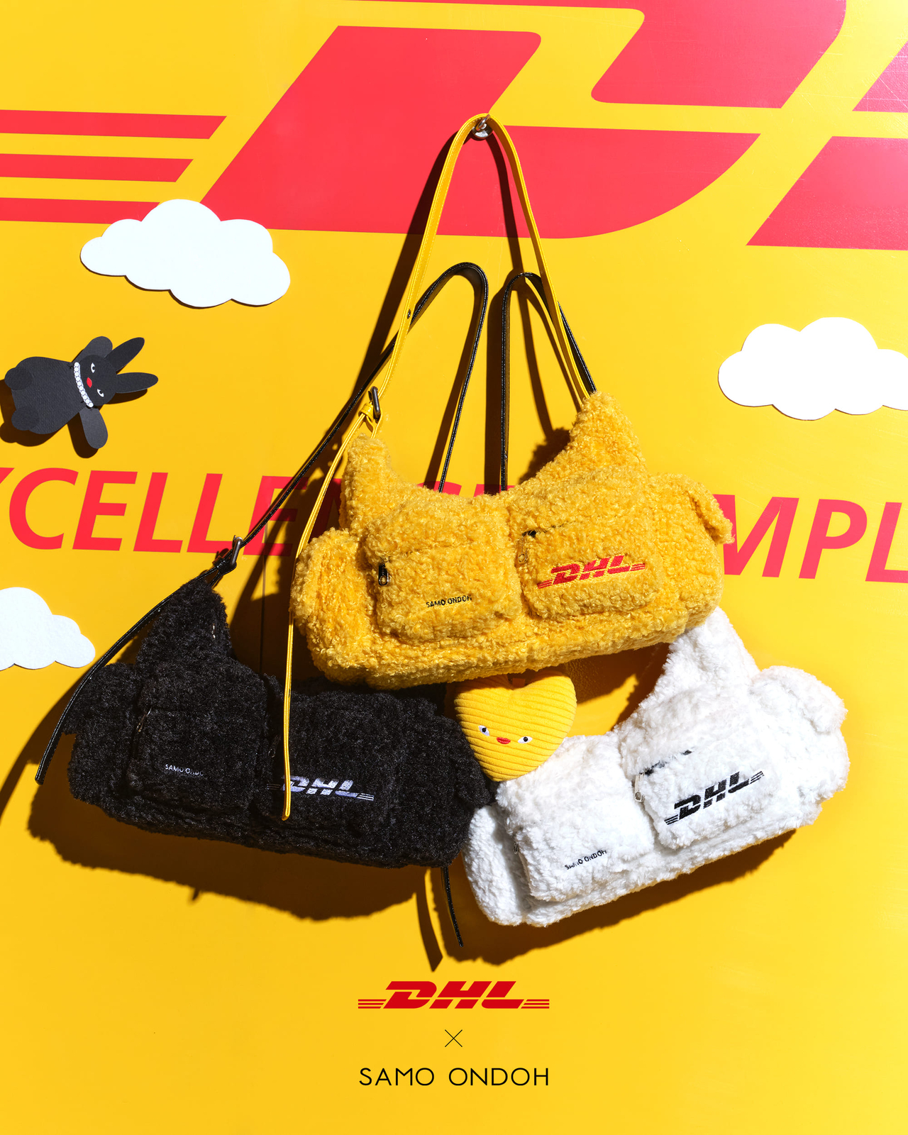 DHL코리아가 국내 가방 브랜드 세이모온도와 협업해 선보인 두 번째 한정판 컬렉션. DHL 비행기를 타고 배송에 나선 세이모온도의 캐릭터 ‘토끼욤’을 모티브로 디자인했다. [DHL코리아 제공]
