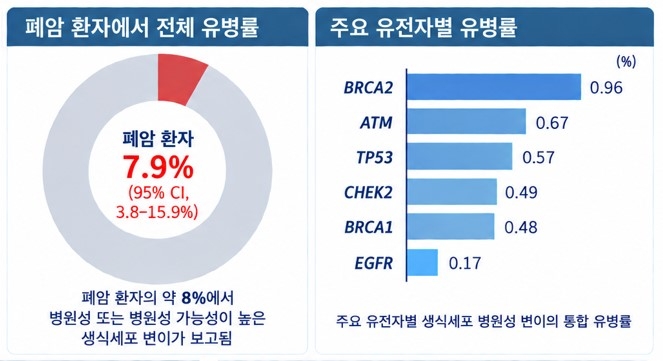 폐암 환자의 생식세포 병원성 또는 병원성 가능성이 높은 변이의 전체 유병률과 주요 유전자별 유병률