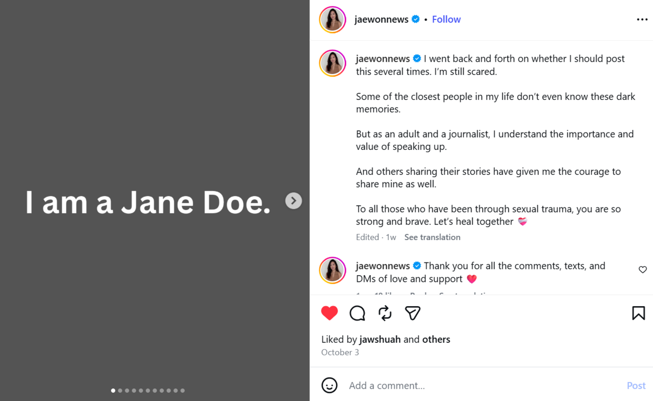 An Instagram post titled "I am a Jane Doe" contains Jung Jae-won's account of sexual assault. (Instagram)