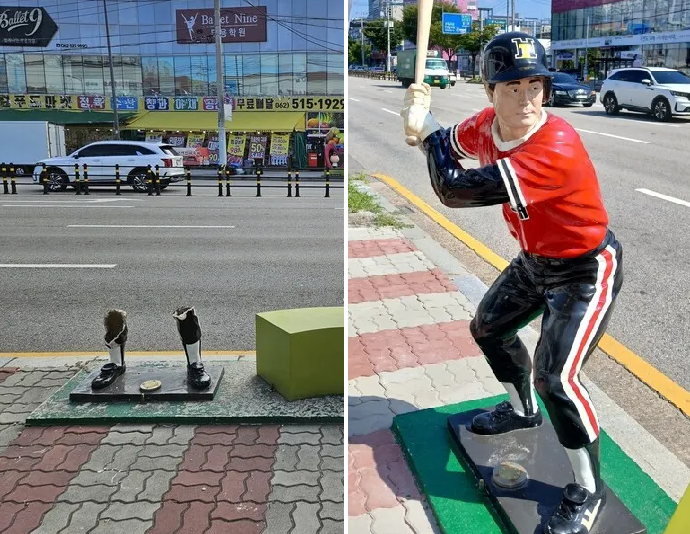 광주특별시 북구 용봉동 패션의거리 인도에 설치된 김성한 조형물(오른쪽)과 지난 10일 새벽 취객에 의해 훼손된 모습. [광주특별시 북구]