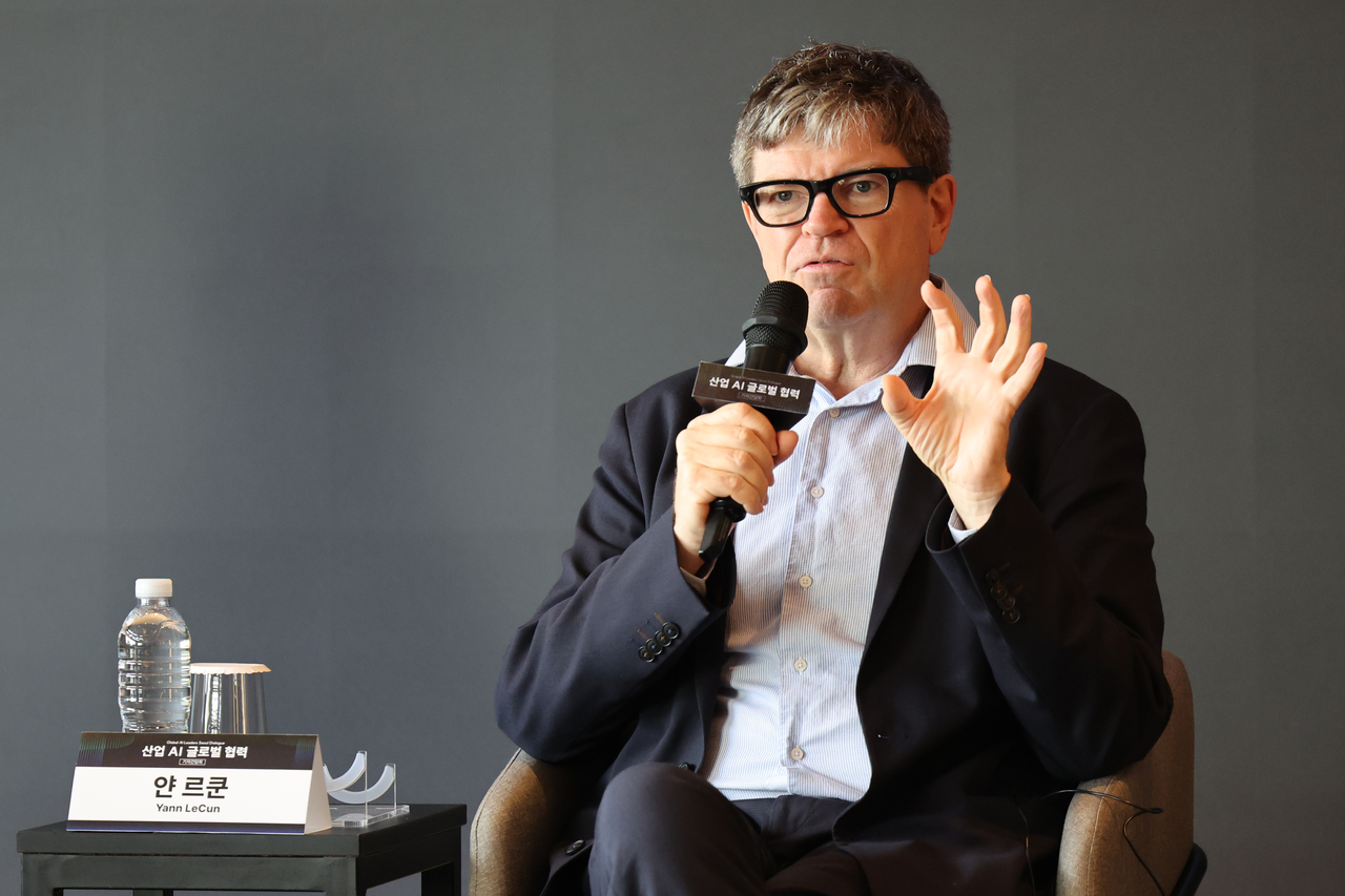 Yann LeCun, founder and chairperson of AMI Labs, speaks during an industrial AI press briefing in Seoul on Monday. (Yonhap)