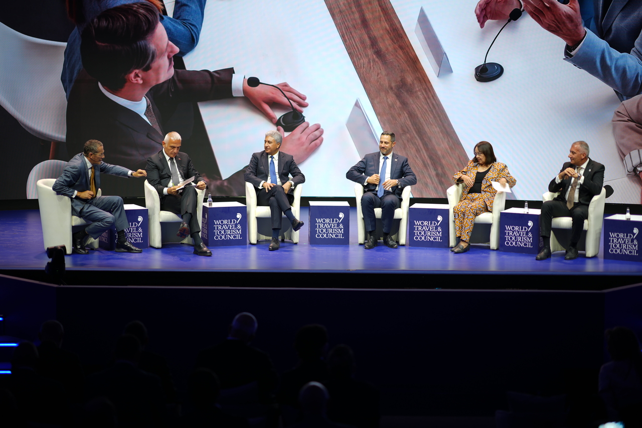 Tourism Ministers from around the world, Turkey's Mehmet Nuri Ersoy (from second left), Egypt's Sherif Fathy, Croatia's Tonci Glavina, South Africa's Patricia de Lille and Malta's Jo Etienne Abela, gather at a panel discussion during the WTTC Summit 2026 held in Valletta, Malta, Thursday. (Courtesy of WTTC)